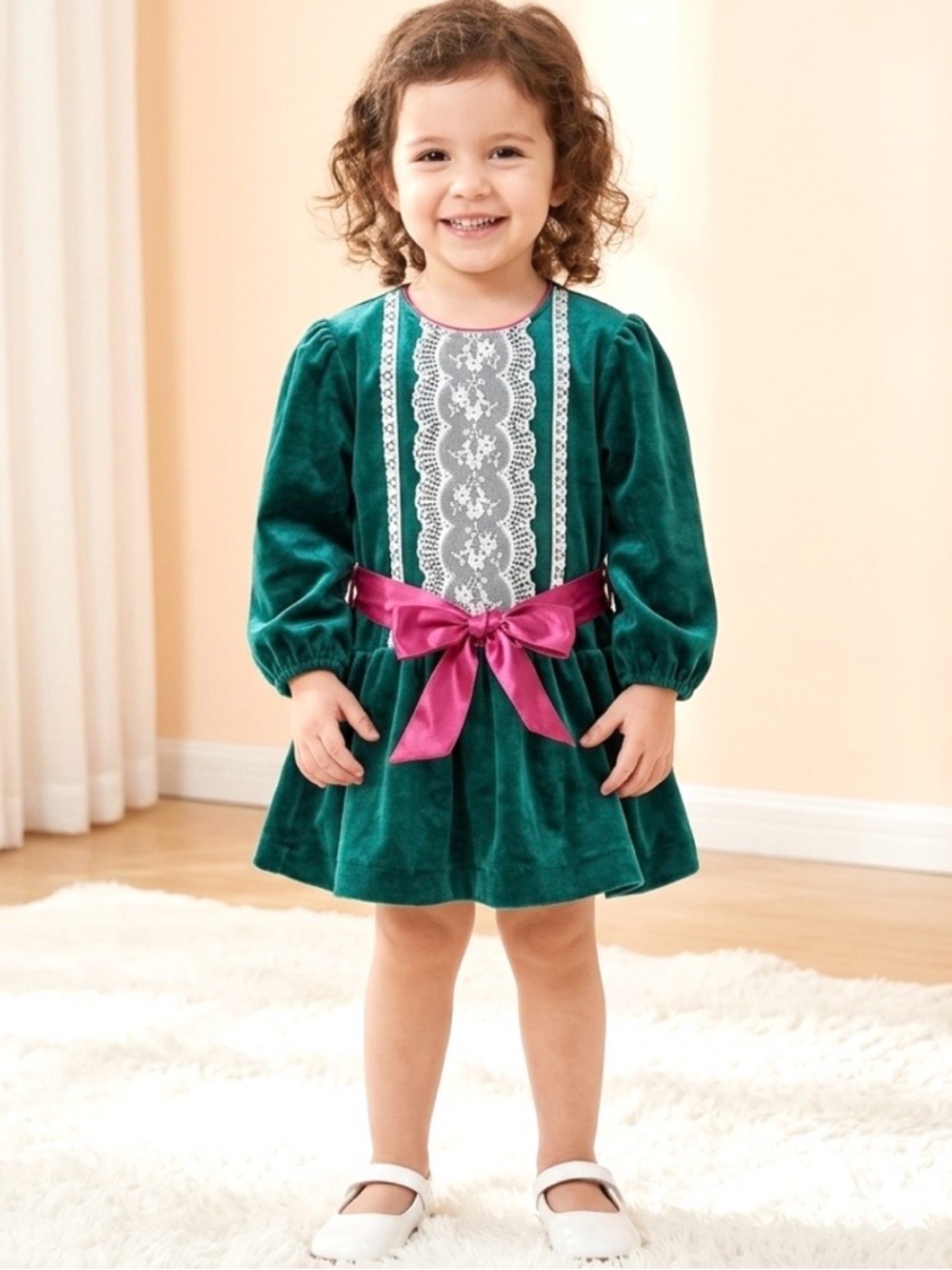 Vintage Roanna Teal Green Velvet Toddler Girls Dress 3T White Lace Pink Tie Belt